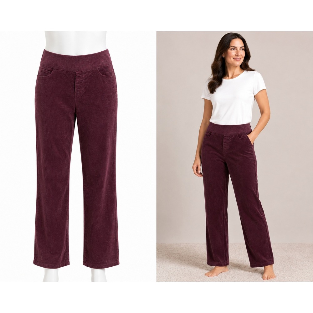 Denim & Co Corduroy Pants 12 Petite Burgundy Straight Leg Pull On Stretch Pocket